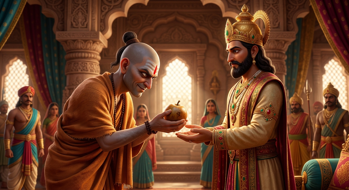 Bhikshu Shantisheel in saffron robes silently presenting a fresh fruit to King Vikramaditya