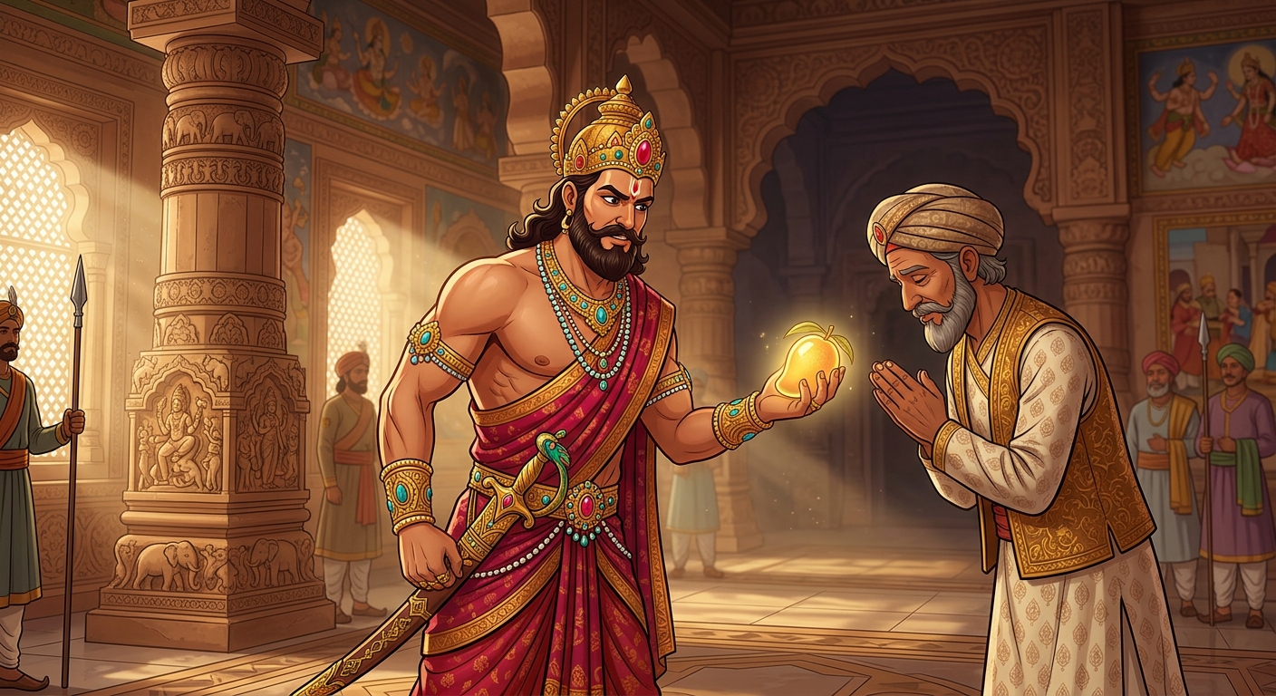 King Vikramaditya handing the fruit to the royal treasurer Malavya