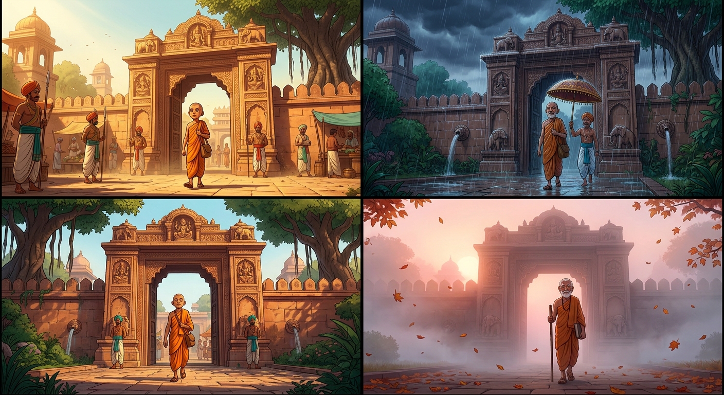 Montage of ten years passing over the sandstone spires of Ujjayini