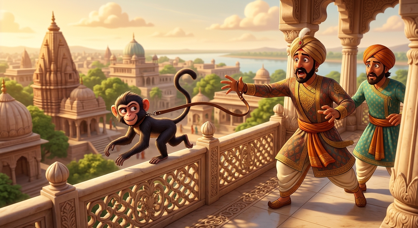 Sunlit royal balcony where a pet monkey breaks loose from a guard's leash