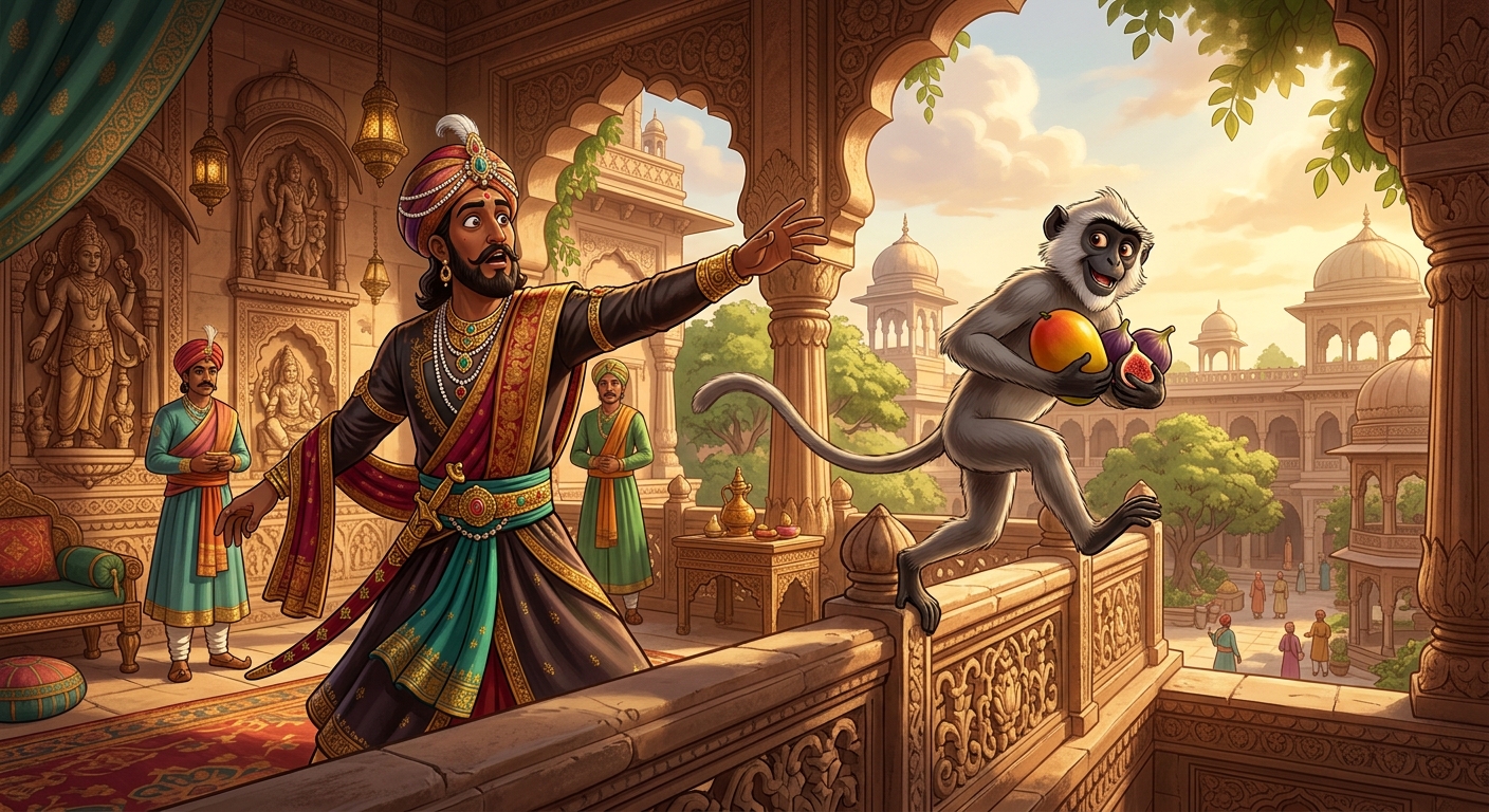 The monkey snatching the fresh fruit from King Vikramaditya's hand