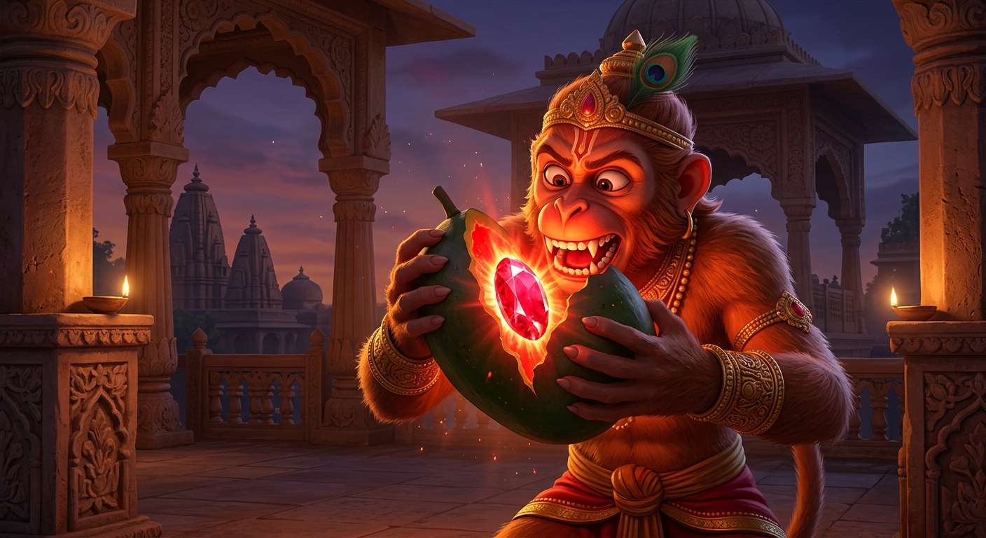 The cracked fruit revealing a dazzling fiery red ruby glowing with blinding crimson light