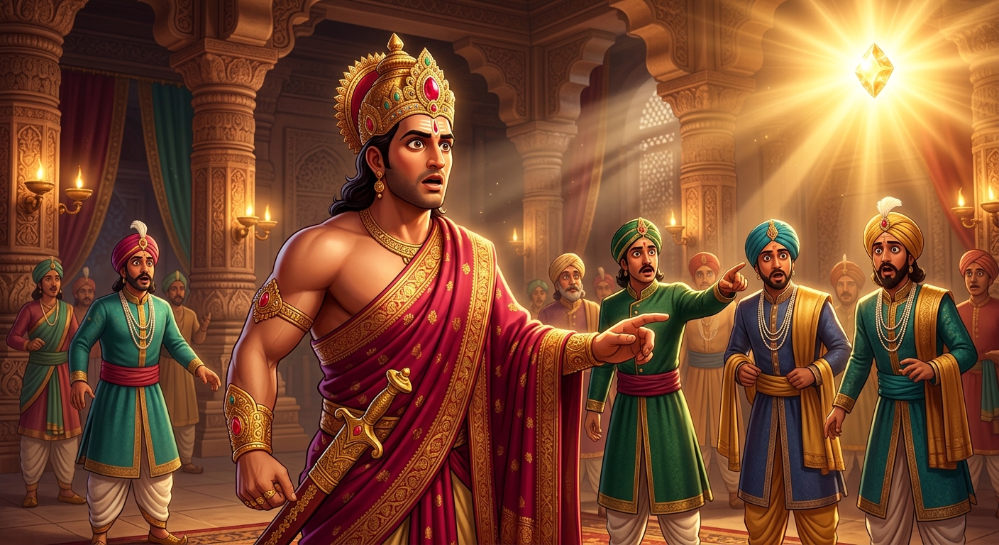 King Vikram and courtiers staring in shock and wonder at the brilliant gem