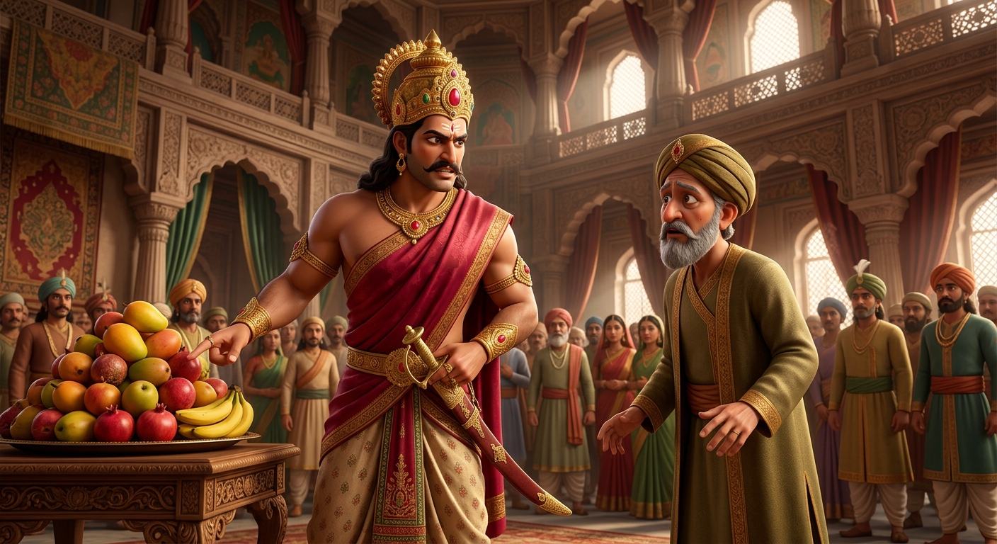 King Vikramaditya urgently questioning the royal treasurer about past fruits
