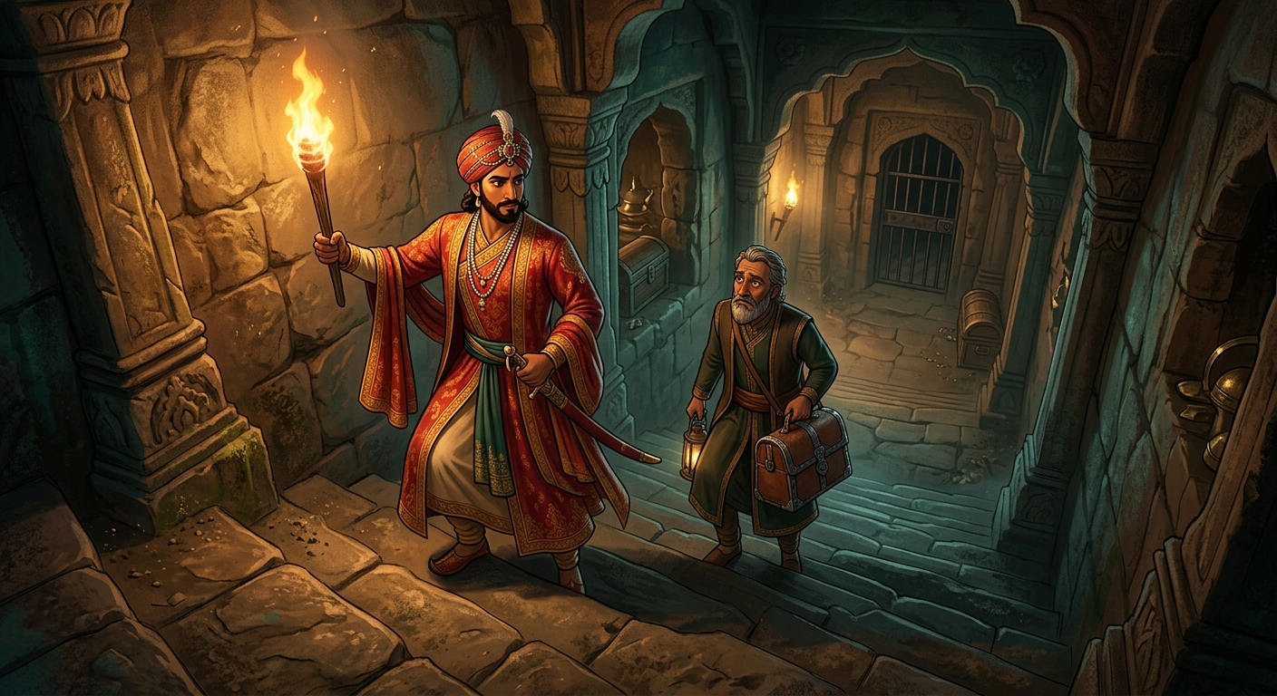 King Vikram and the treasurer descending torchlit stone stairs into the dark vaults