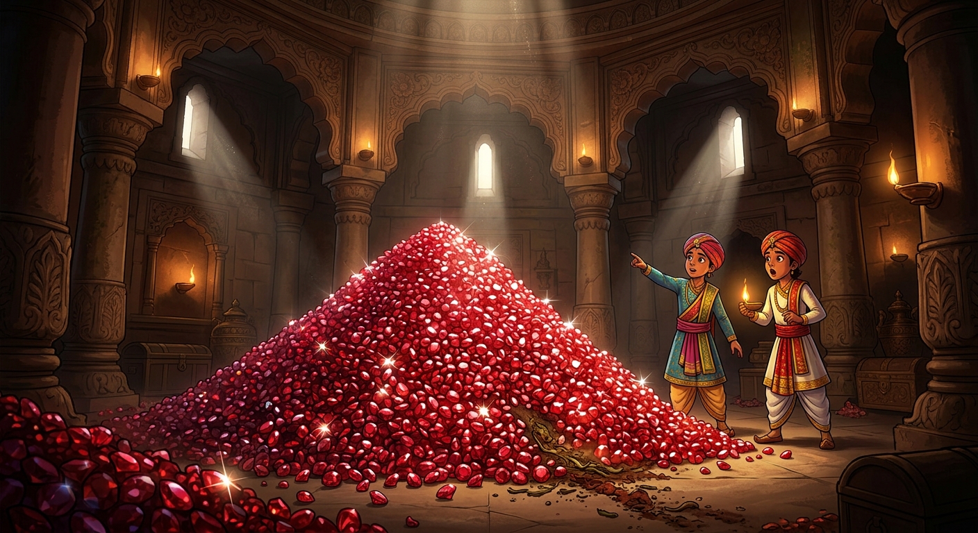 The dark cellar containing a glittering mountain of 3,650 glowing rubies from decayed fruits