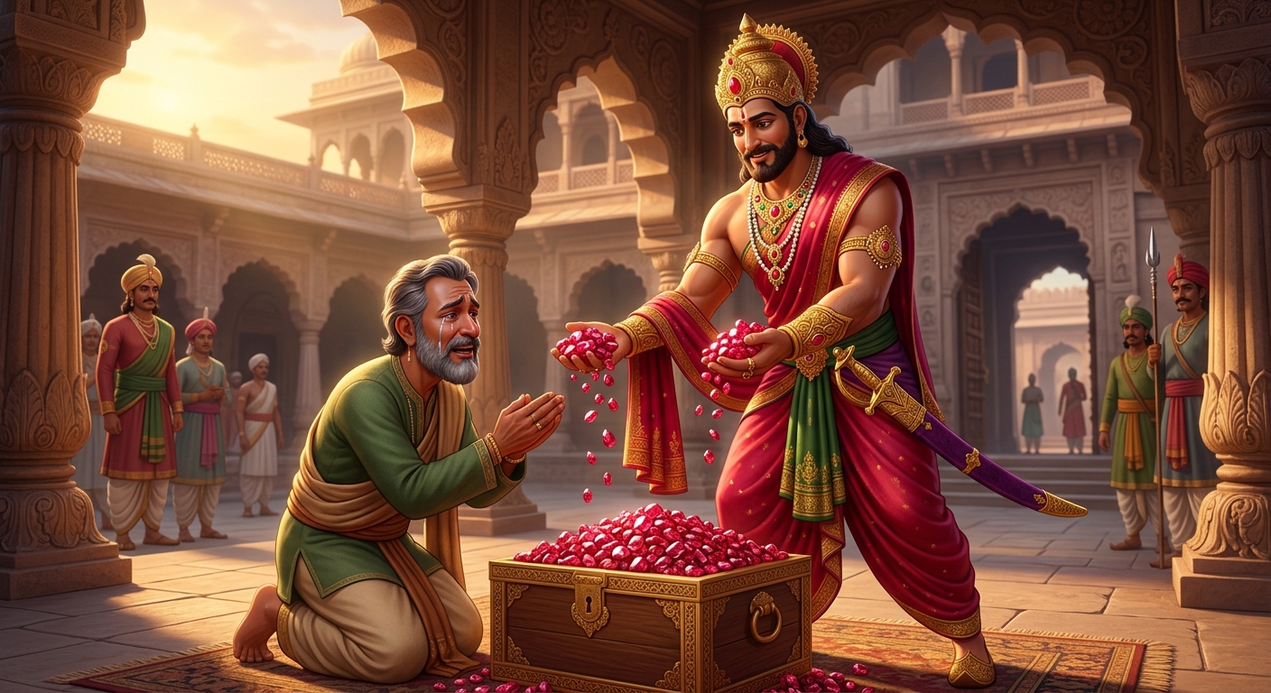 King Vikramaditya generously gifting the entire mountain of rubies to the honest treasurer