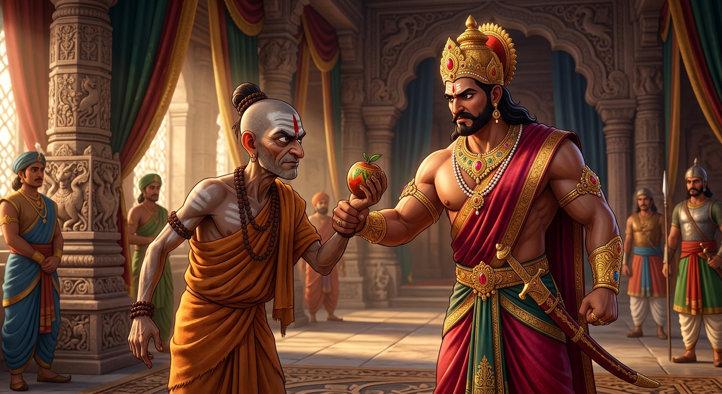 King Vikramaditya catching the monk's arm in court refusing the fruit until the truth is told