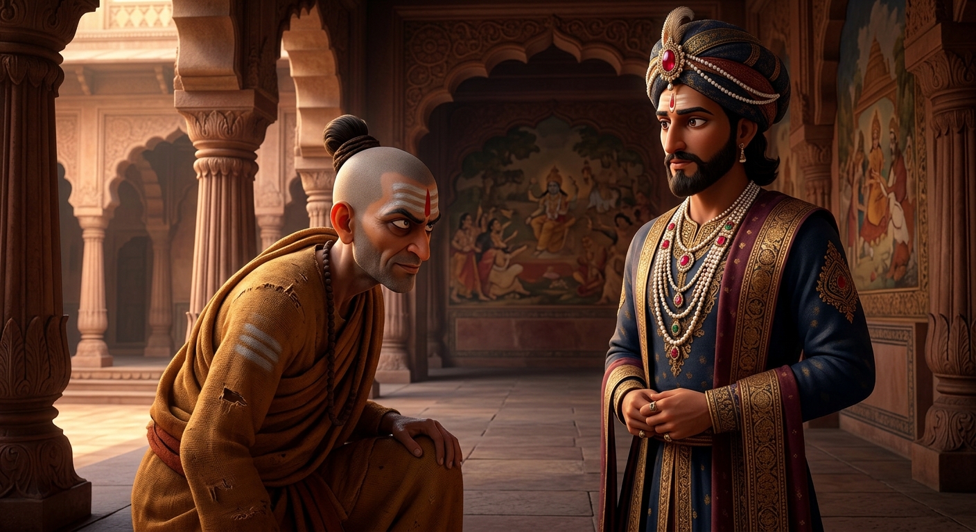 The monk kneeling before King Vikram in a secluded corridor with feigned humility