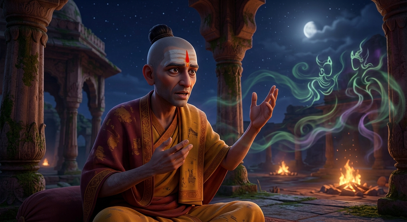 The monk describing his midnight tantric sacrifice in the cremation ground to gain celestial dominion