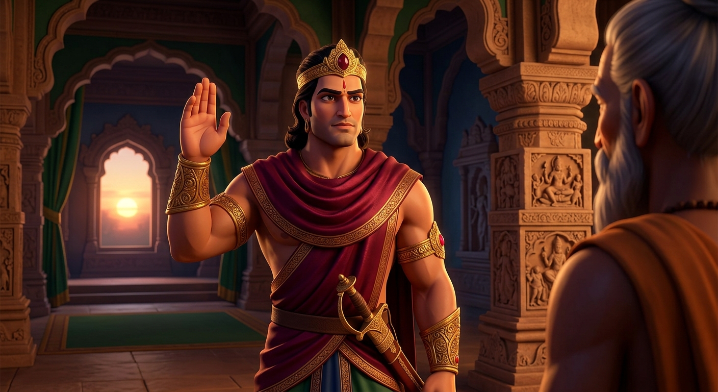King Vikramaditya solemnly pledging his royal word to assist the monk without fear