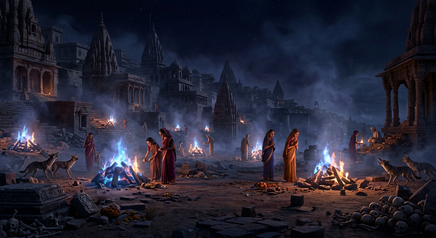 Chilling wide shot of Mahashmashana Ujjayini under pitch-black moonless sky with skulls and blue pyres