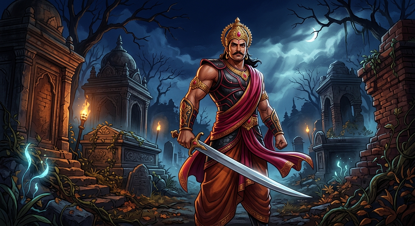 King Vikramaditya arriving alone in warrior armor with drawn talwar sword