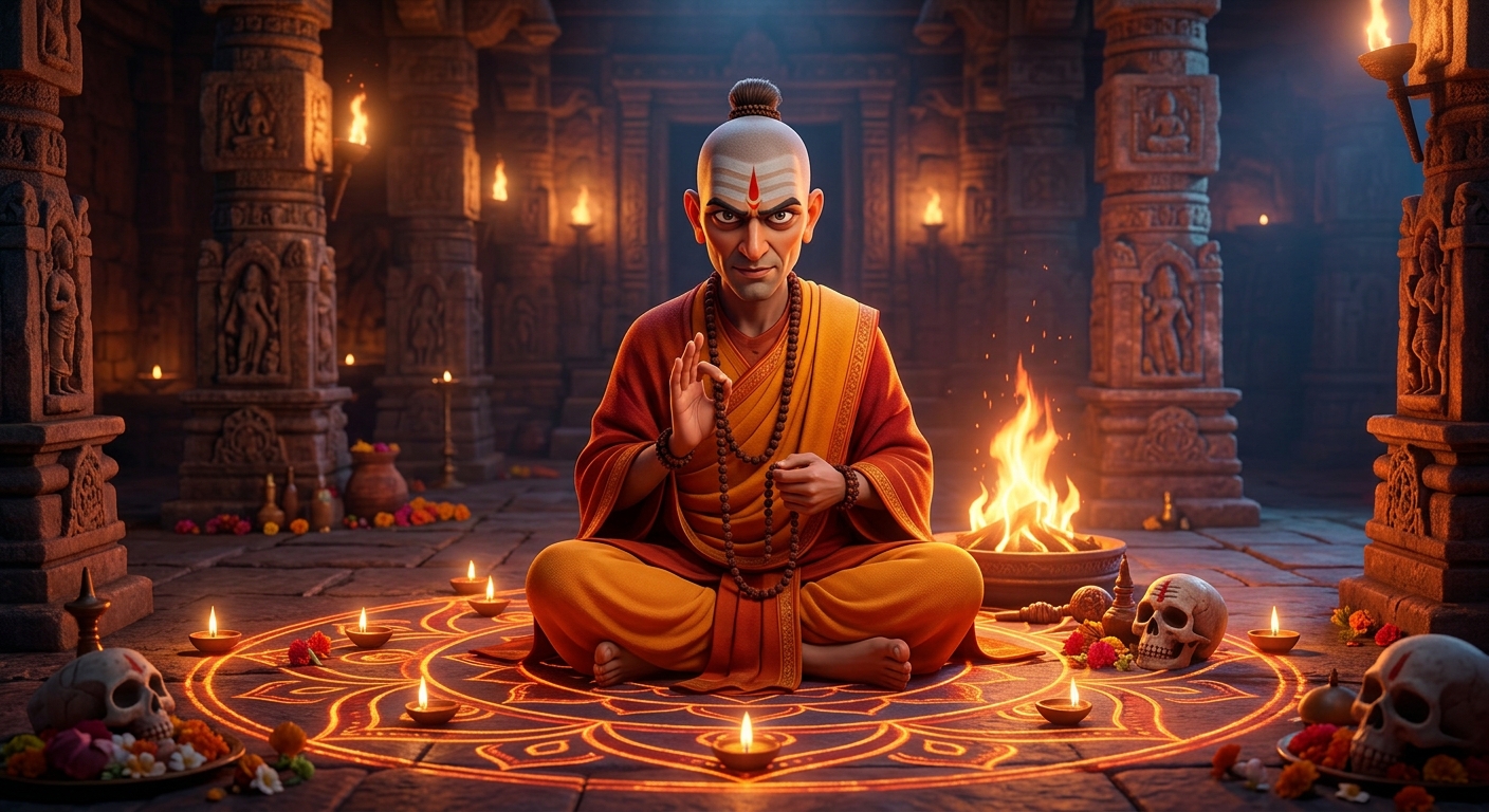 Shantisheel seated inside a glowing vermilion tantric mandala surrounded by human skulls