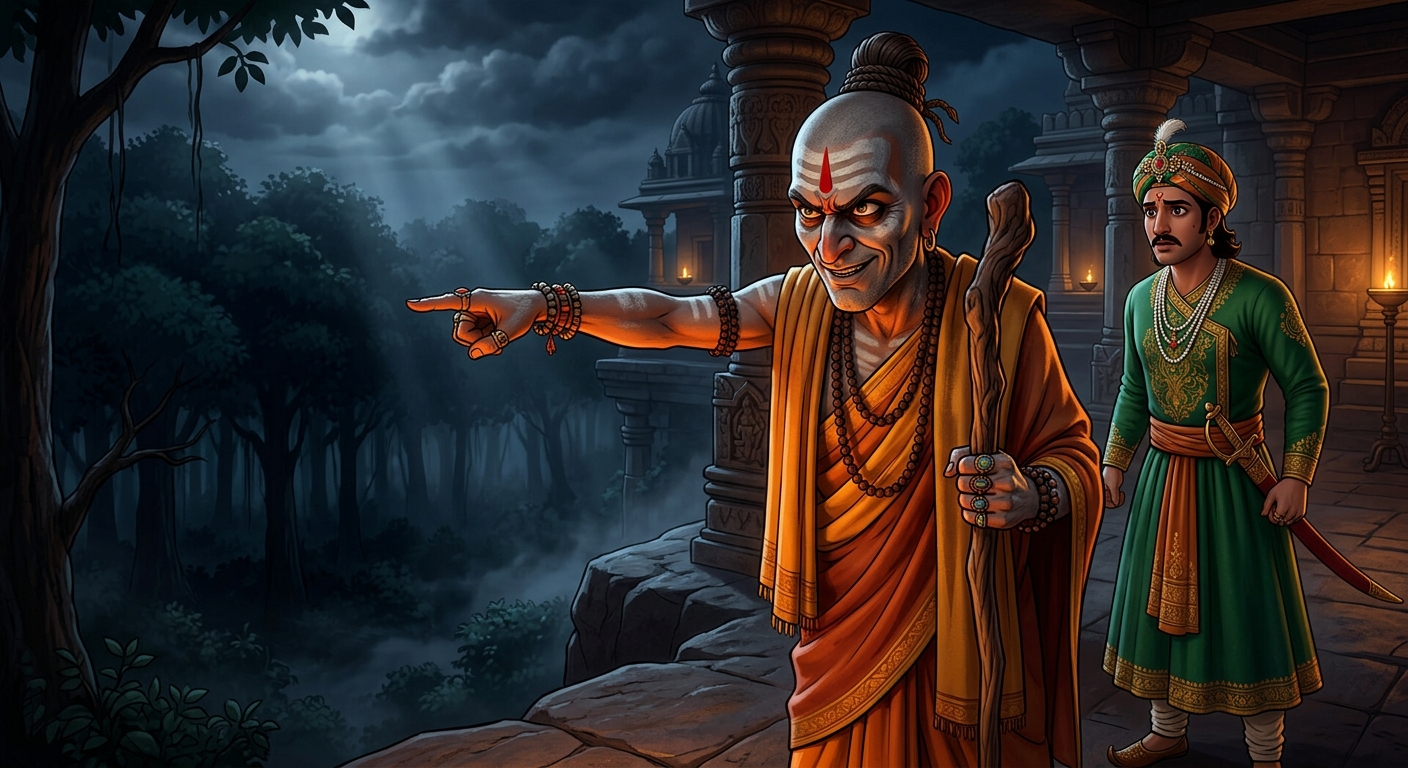The sorcerer pointing south into the pitch-black forest commanding Vikram to retrieve the corpse