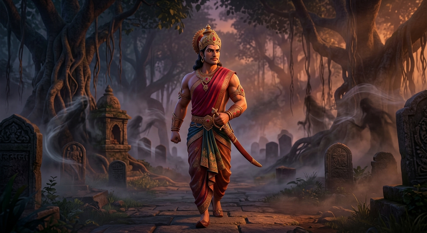 King Vikramaditya marching fearlessly through thick graveyard mist toward the southern woods