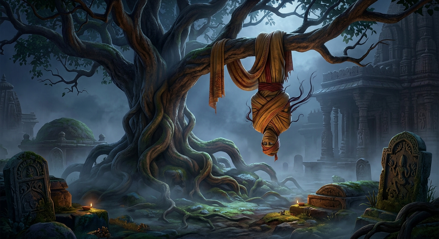 Eerie wide shot of the massive ancient Shinshapa tree with the corpse hanging upside down