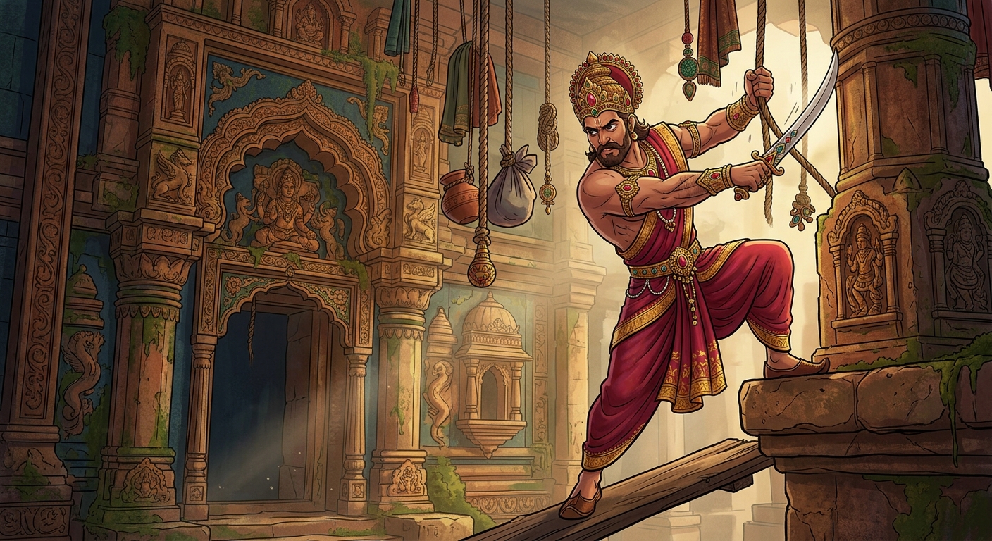 King Vikram climbing the tree and severing the hanging rope with his sharp sword