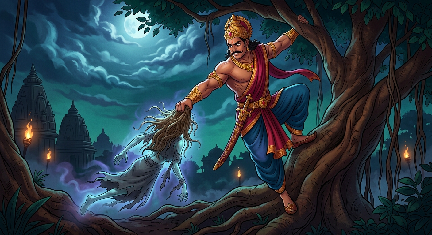 King Vikram climbing the tree again gripping the corpse firmly by its hair