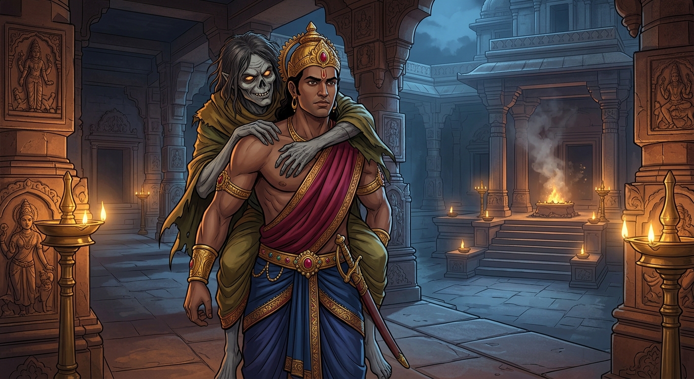 King Vikramaditya strapping the silent corpse across his broad back beginning the silent trek