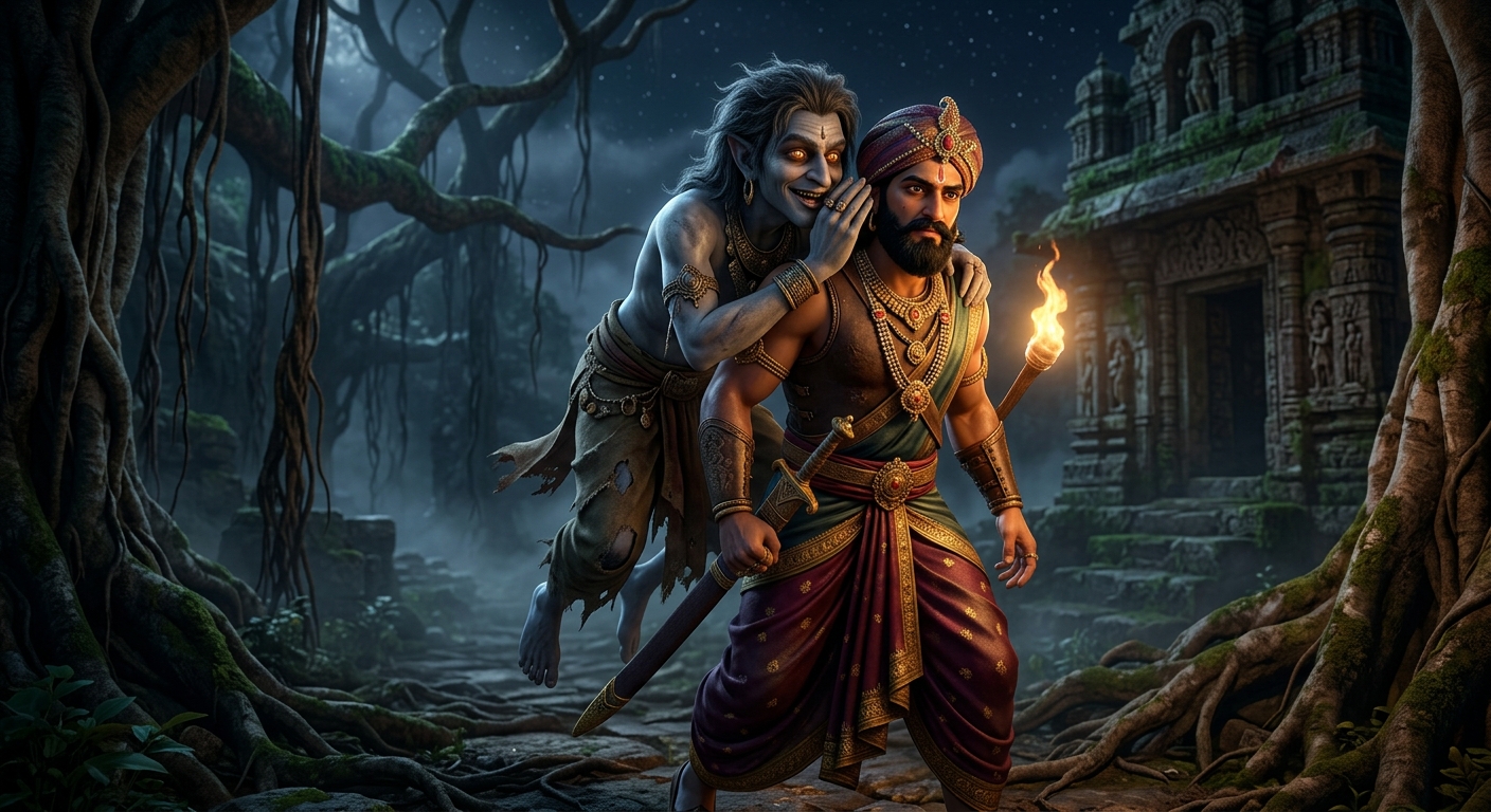 Betal whispering the sinister trap into Vikram's ear as they walk through mist