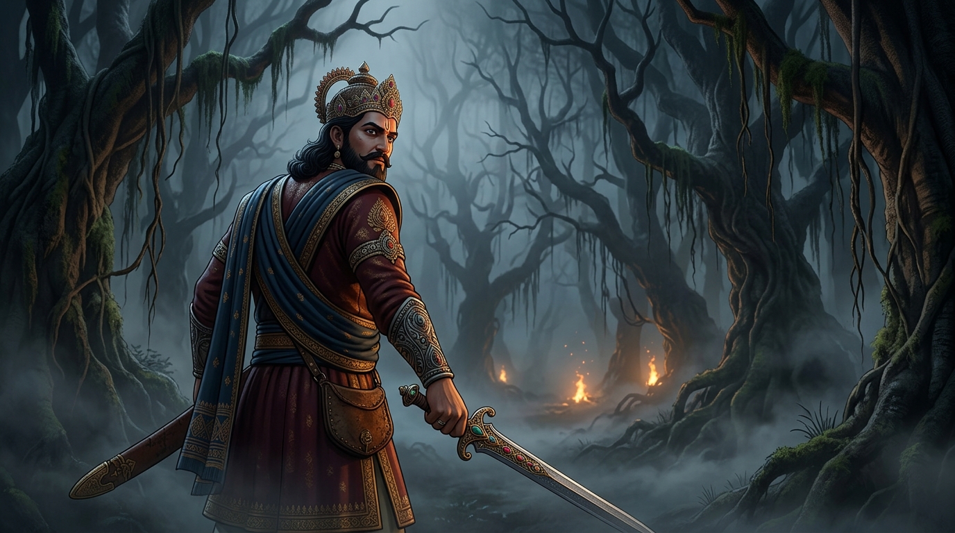 Emperor Vikramaditya standing resolute in the dark moonless Amavasya jungle turning back to retrieve Betal