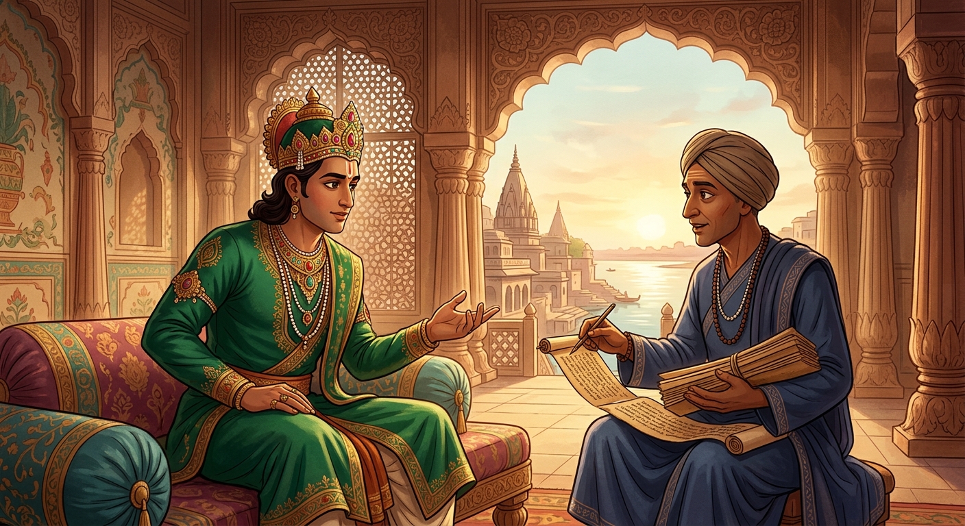 Prince Vajramukuta in emerald silks and his companion Buddhidhari in navy blue robes