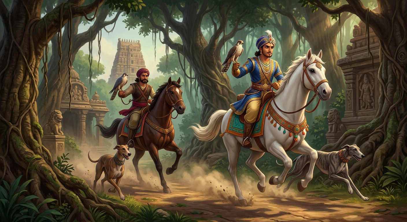 Prince Vajramukuta and Buddhidhari departing on steeds for a royal hunt into the forest
