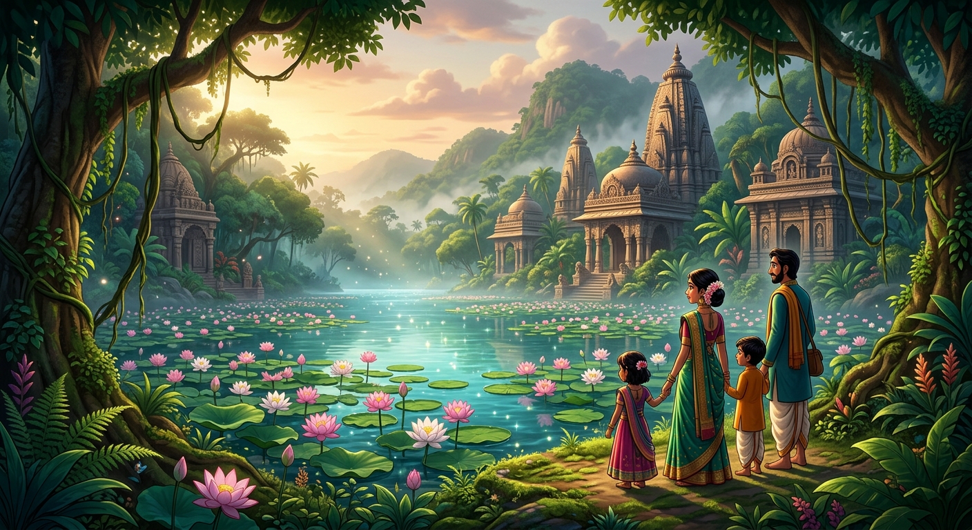 Forest clearing opening up to a hidden crystal-clear lake blossoming with pink lotuses