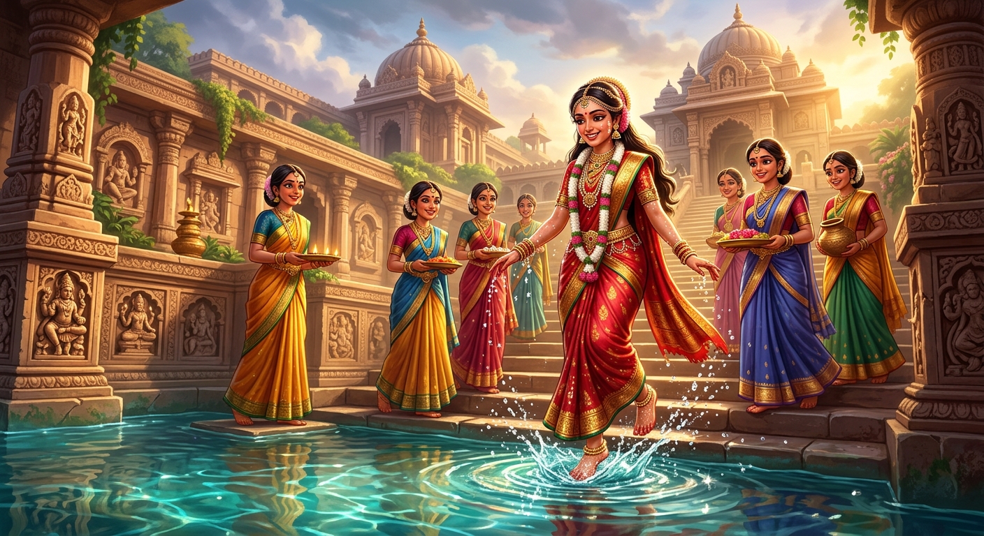 Princess Padmavati of Kalinga stepping gracefully into the water with her handmaidens