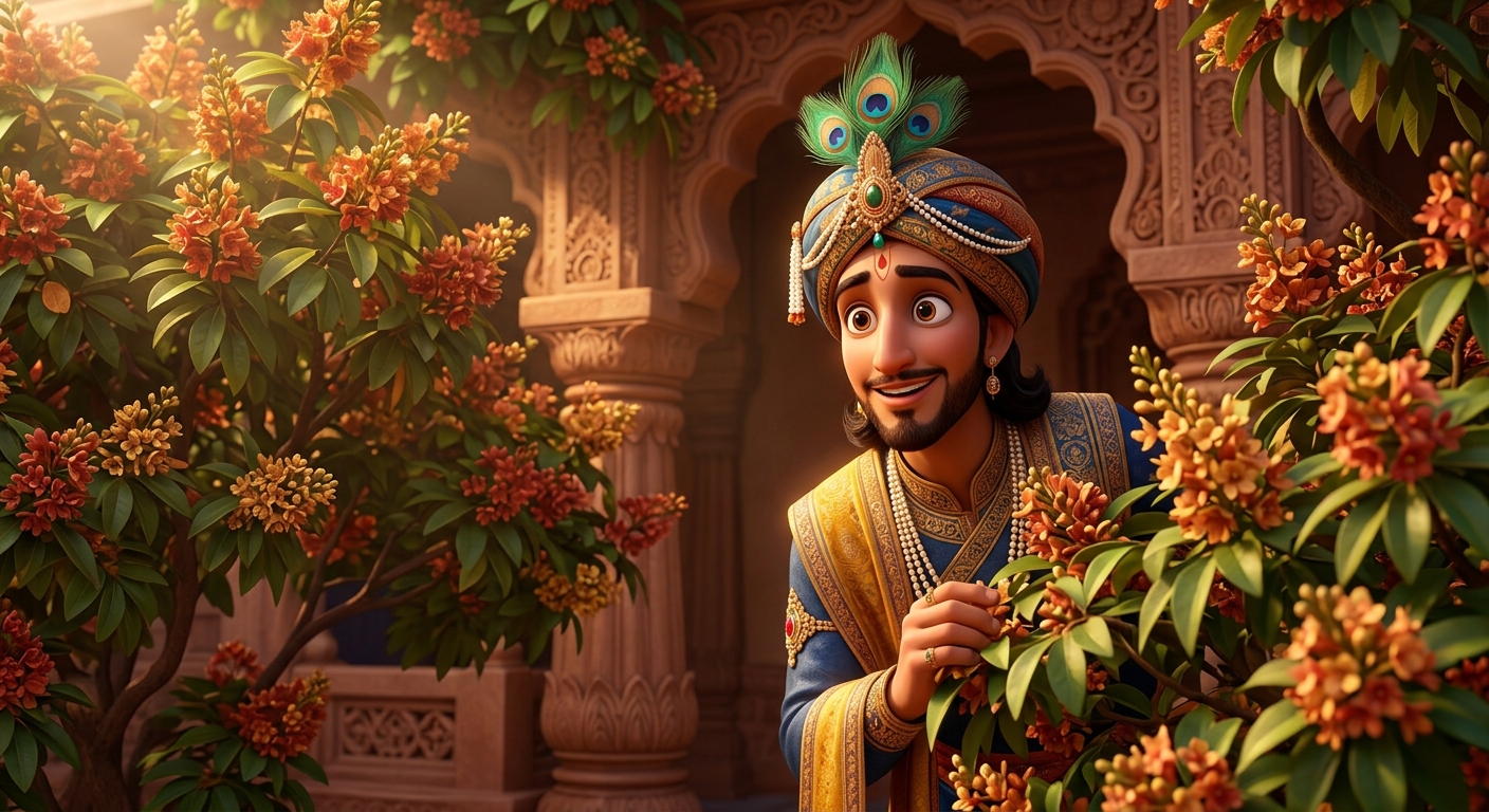 Prince Vajramukuta gazing from behind flowering Ashoka trees overwhelmed with love