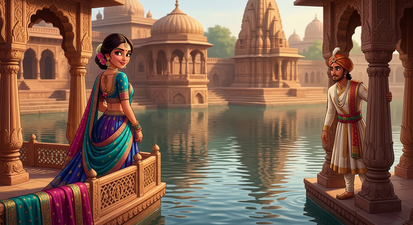 Princess Padmavati smiling with subtle mischief noticing the prince