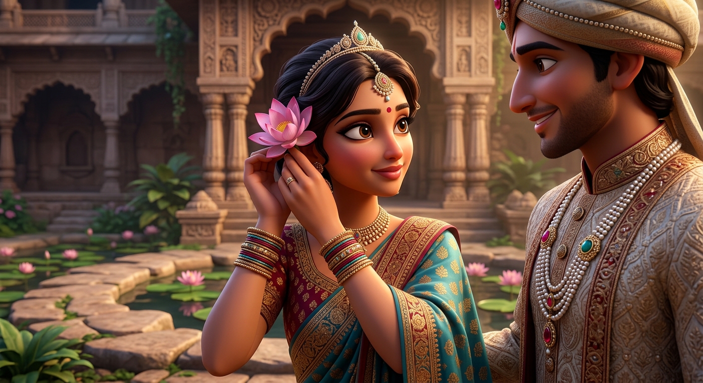 1st Gesture: Princess Padmavati gracefully tucking a pink lotus behind her ear
