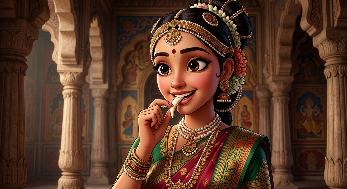 2nd Gesture: Princess Padmavati scratching her ivory tooth pendant with a radiant smile