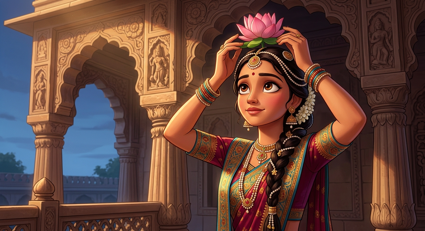3rd Gesture: Princess Padmavati placing the lotus blossom delicately upon her head