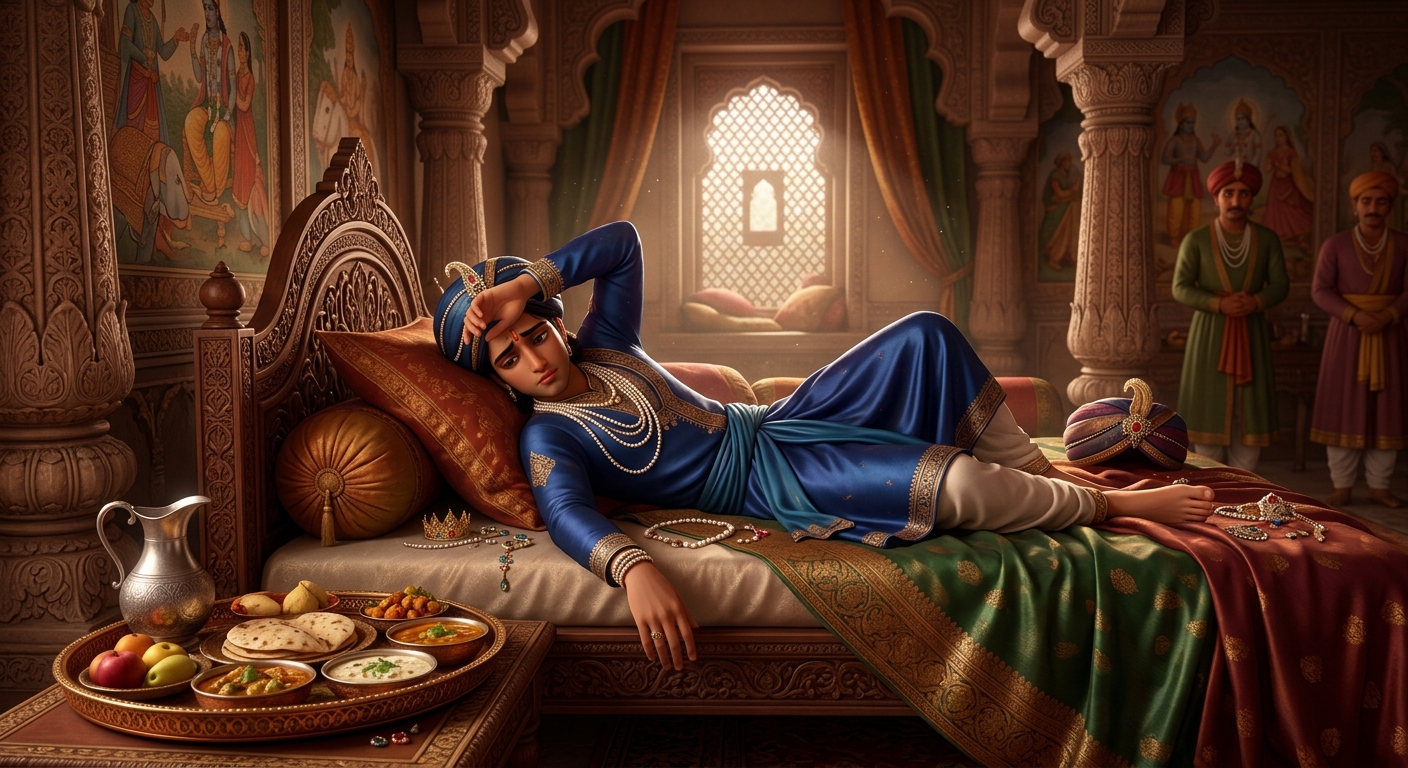 Prince Vajramukuta lying lovesick on his royal bed refusing food and water in despair