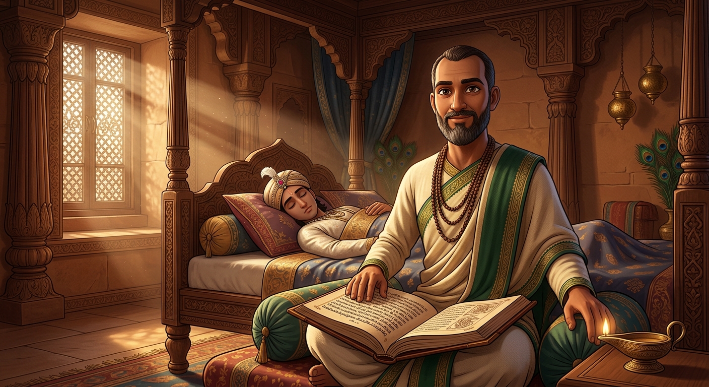 Buddhidhari sitting beside the prince's bed with a calm confident smile