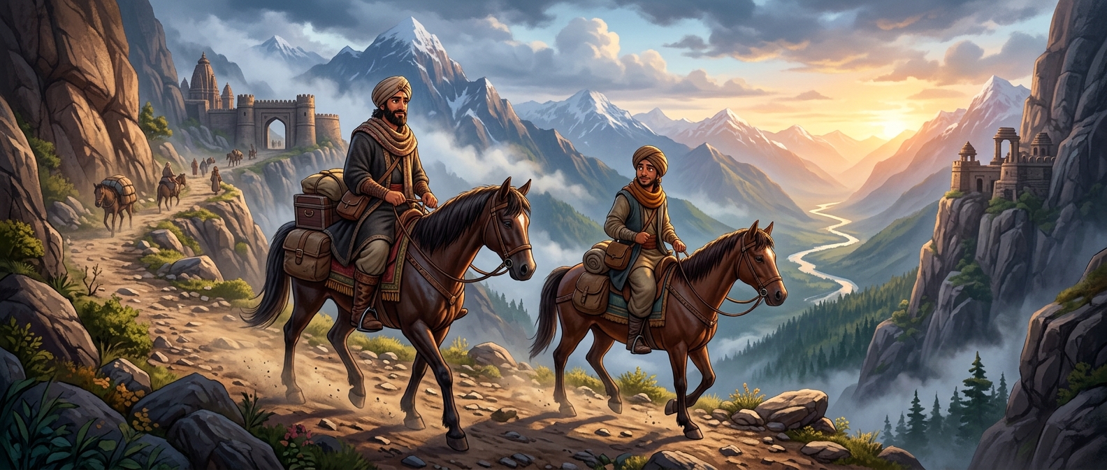 Prince Vajramukuta and Buddhidhari disguised as ordinary travelers riding to Kalinga