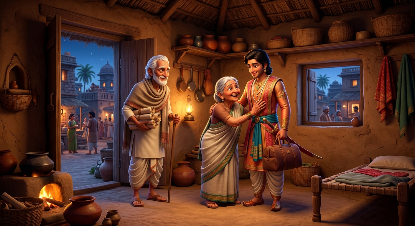 Buddhidhari and the Prince taking lodging at the cottage of an old woman