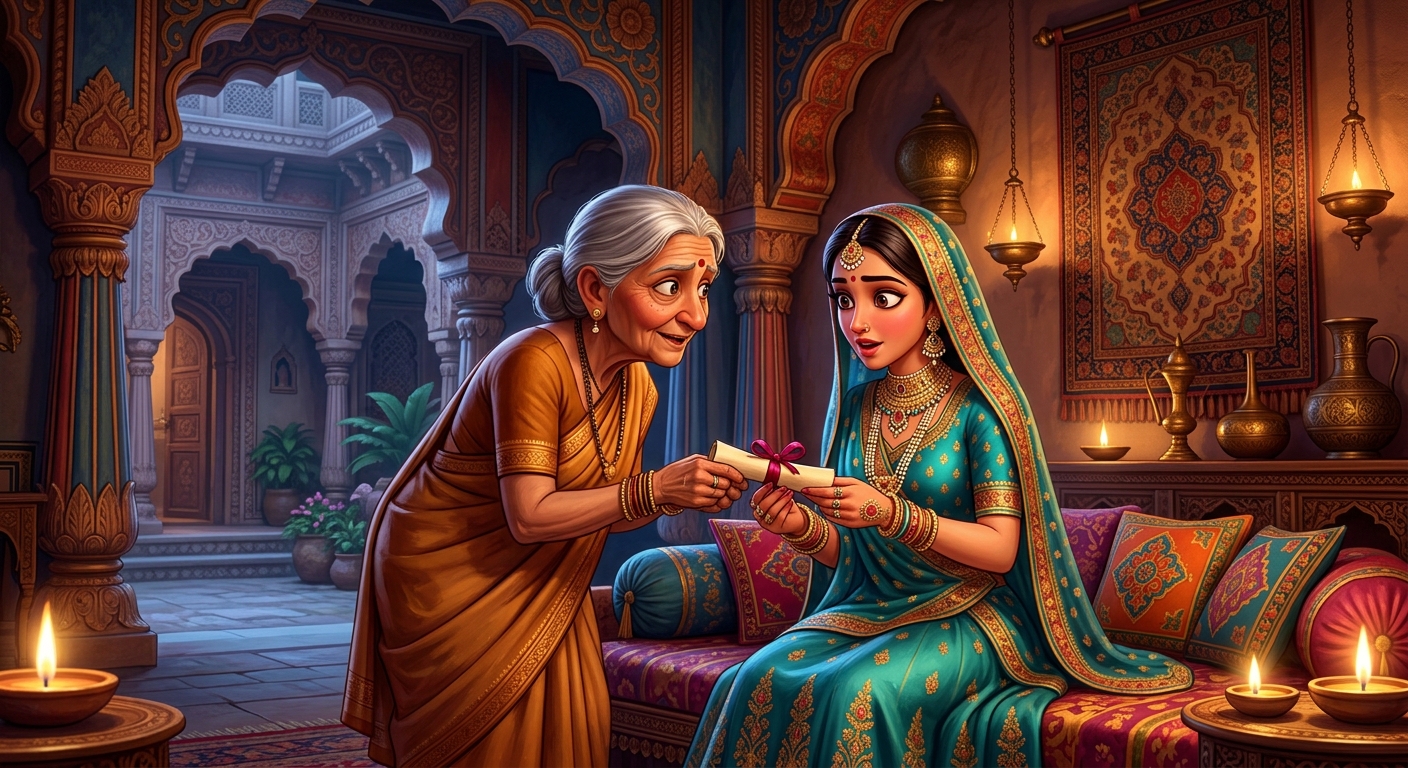 The old nurse secretly delivering Prince Vajramukuta's love message to Princess Padmavati