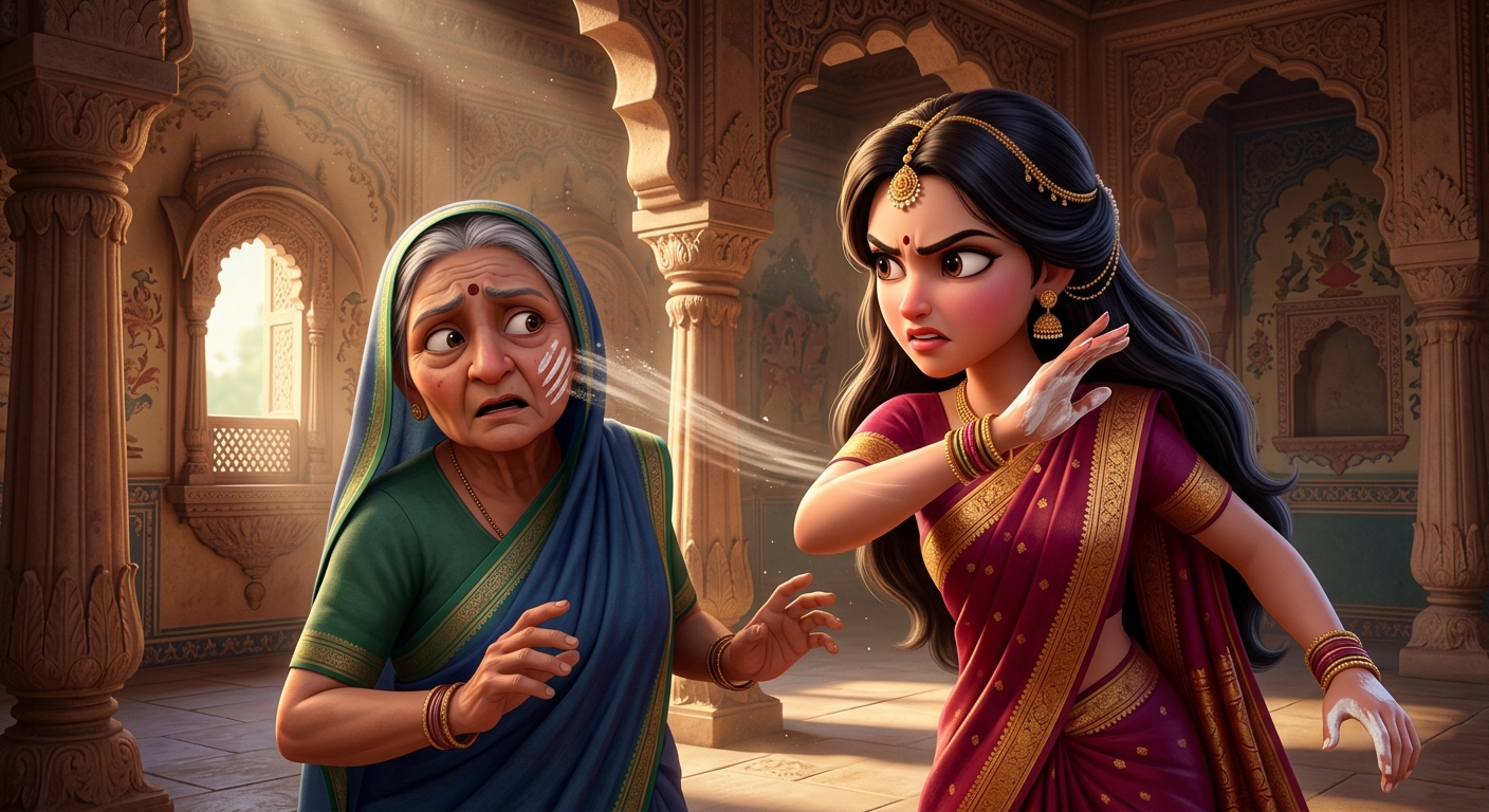 Padmavati slapping the nurse with white sandalwood paste leaving ten white finger marks