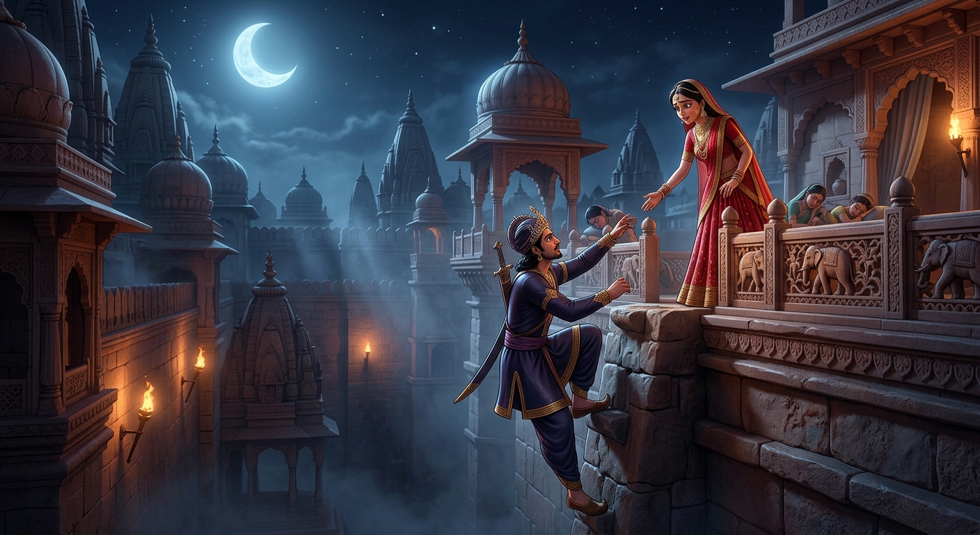 Prince Vajramukuta climbing the stone water conduit reaching the palace terrace