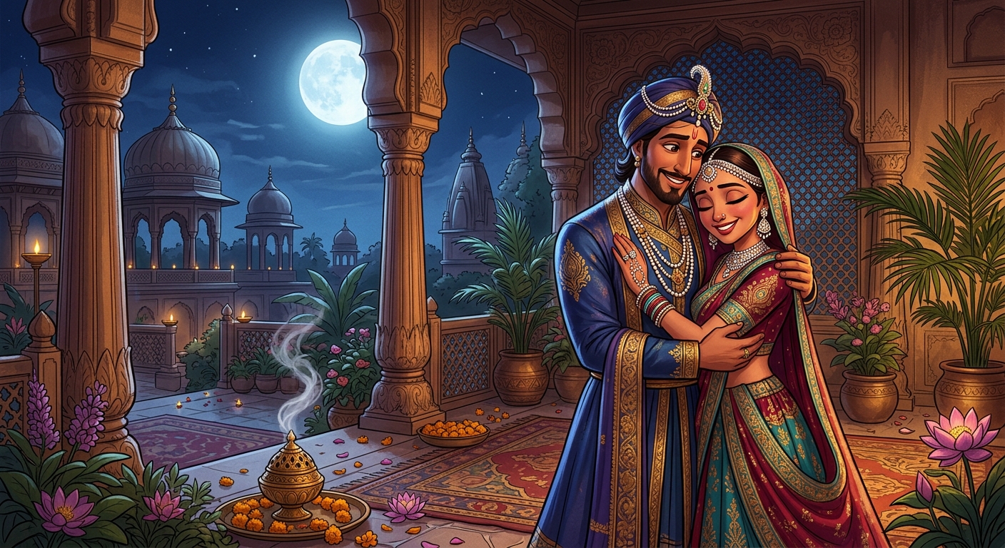Prince Vajramukuta and Princess Padmavati embracing in pure joy on the moonlit terrace