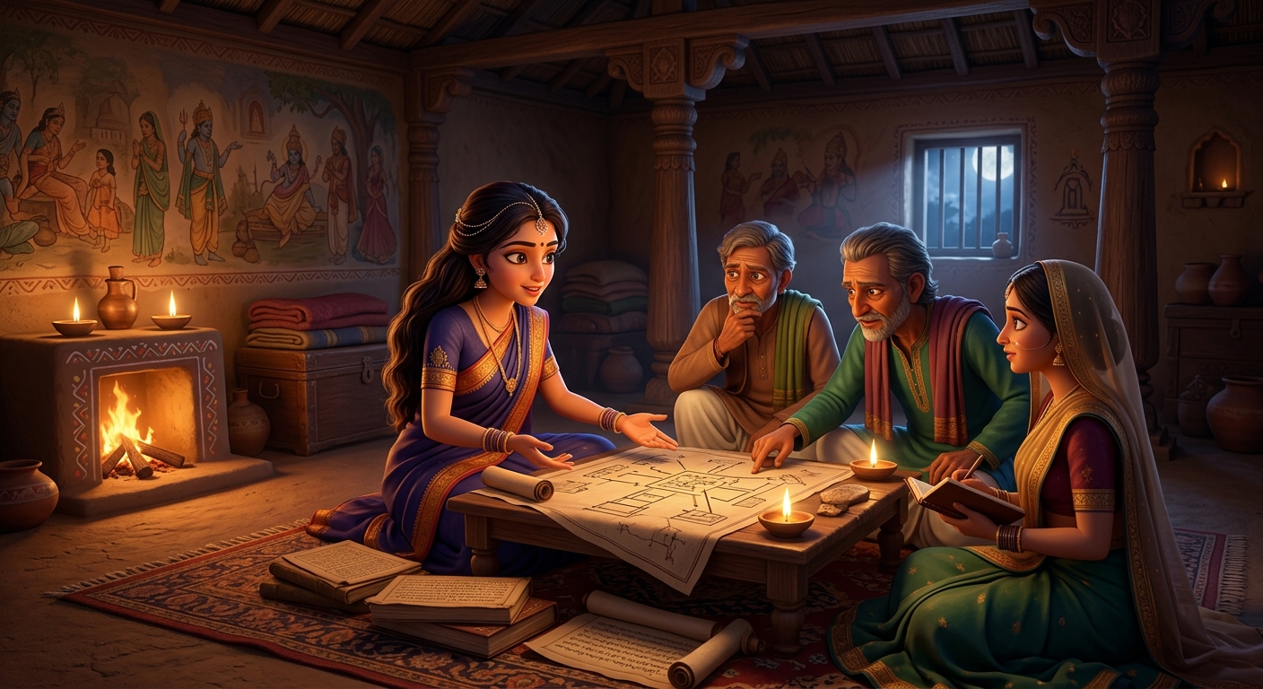 Buddhidhari planning a master stratagem in the cottage to marry her legally without war