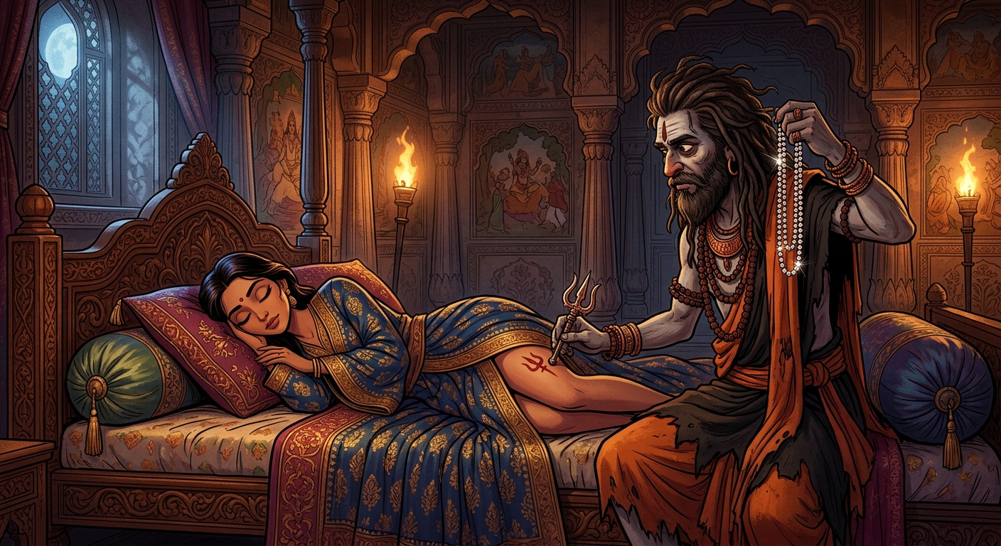 Buddhidhari disguised as an Aghori Yogi branding the sleeping princess with a trident mark