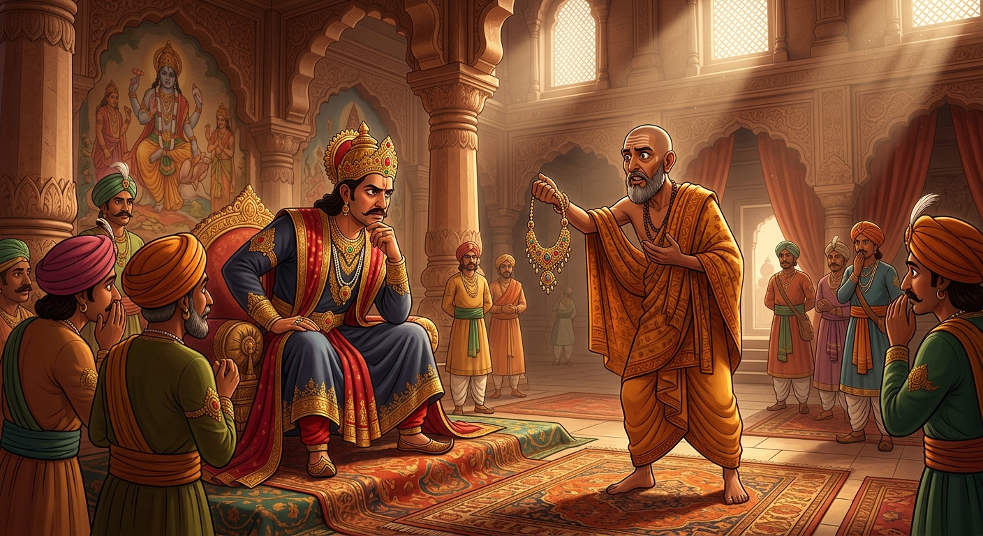 Buddhidhari in yogi robes presenting the necklace before King Karnotpala