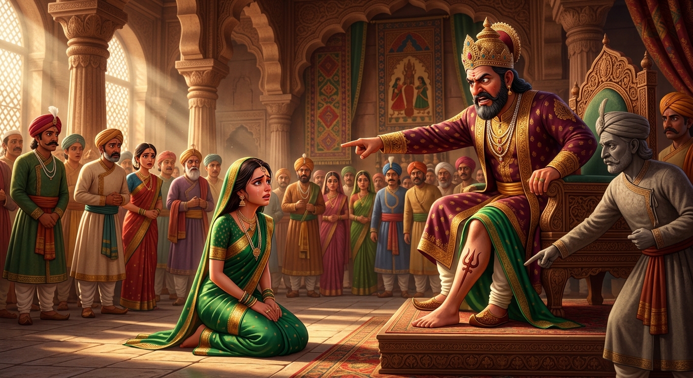 King Karnotpala verifying the trident mark and angrily banishing Padmavati to the forest