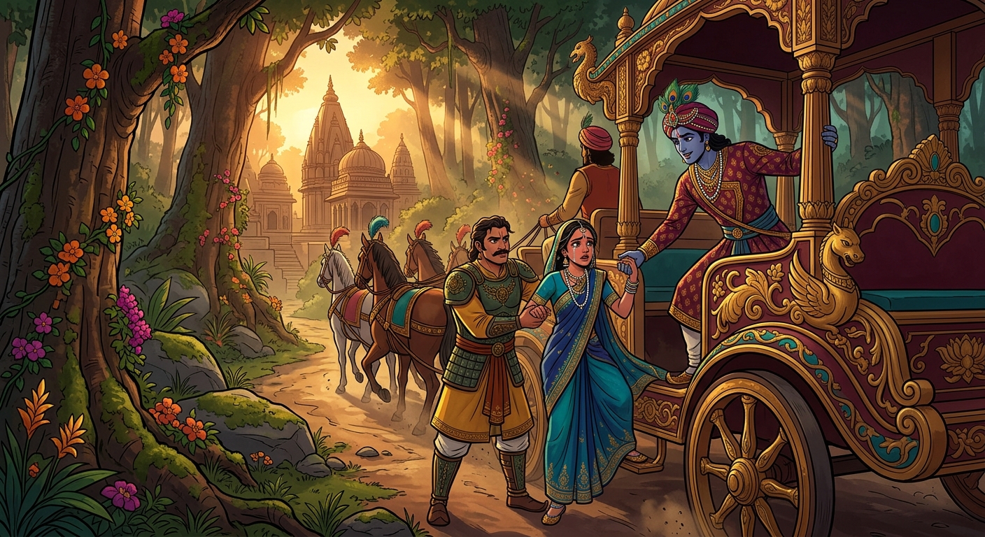 Prince Vajramukuta and Buddhidhari rescuing the weeping Padmavati in the forest