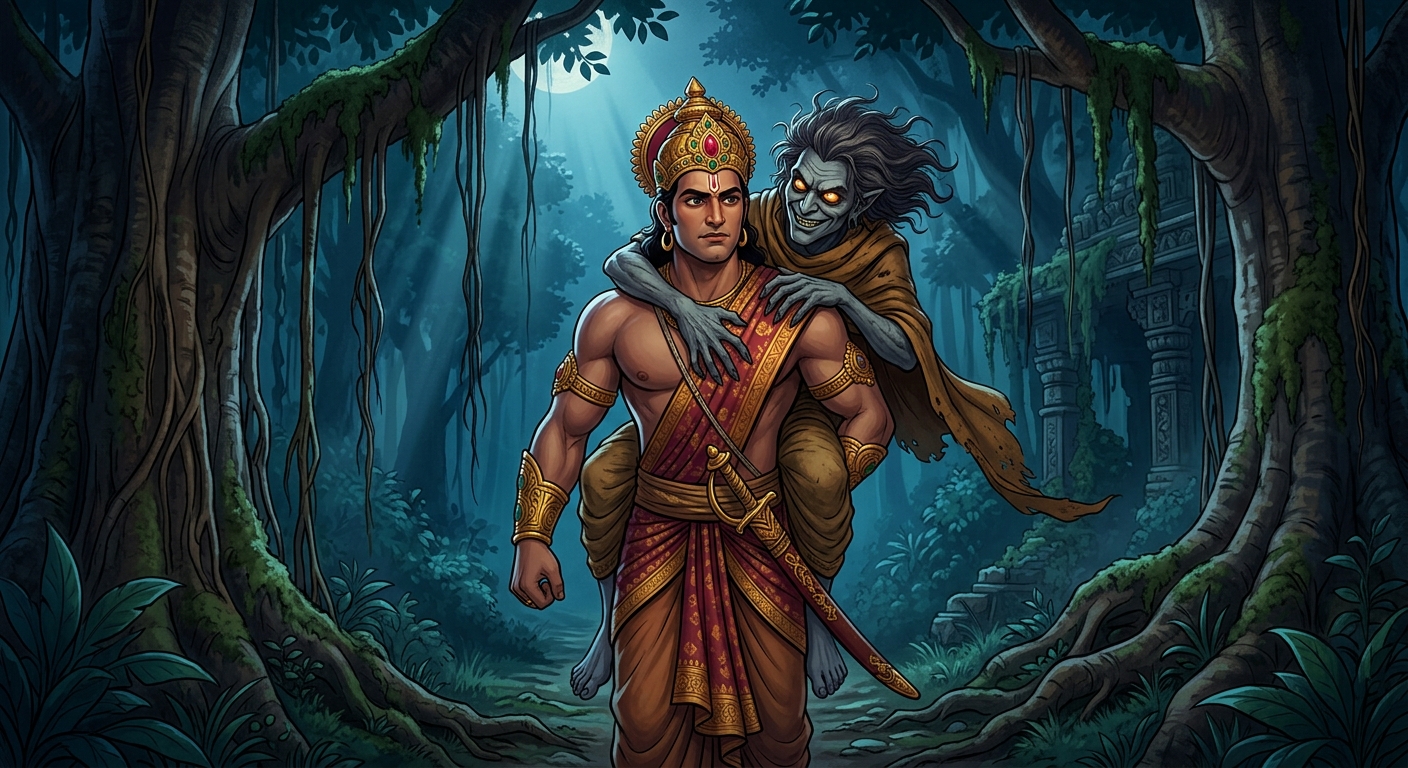 In the midnight forest Betal whisper-challenging King Vikramaditya