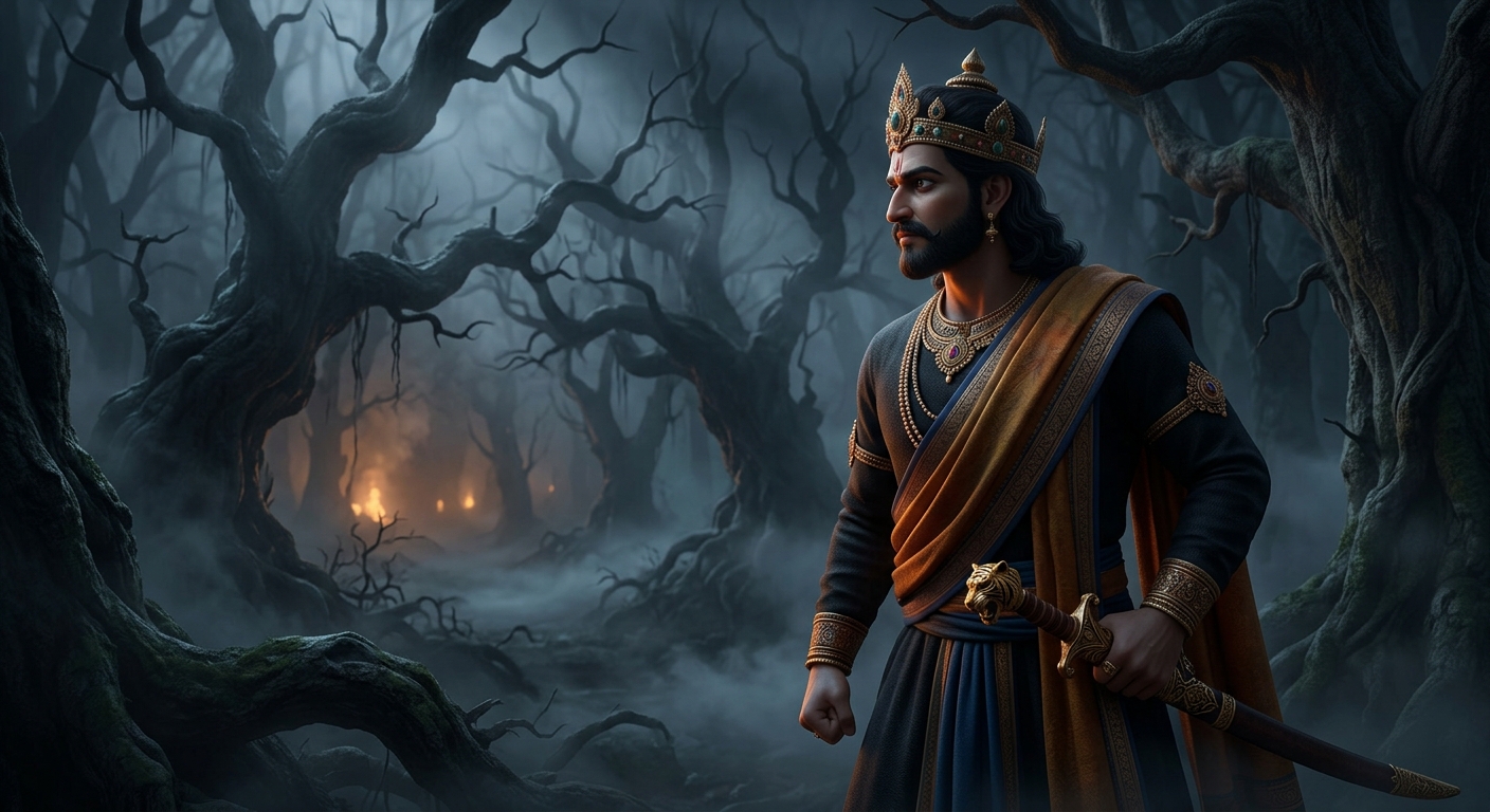 Emperor Vikramaditya standing resolute in the dark moonless Amavasya jungle turning back to retrieve Betal